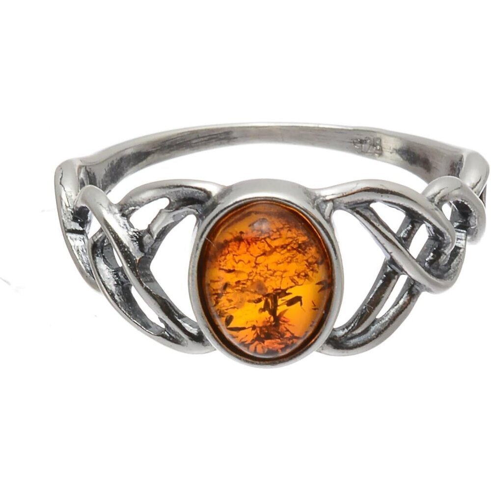 Sterling Silver and Baltic Honey Celtic Amber Ring Celtic Knots